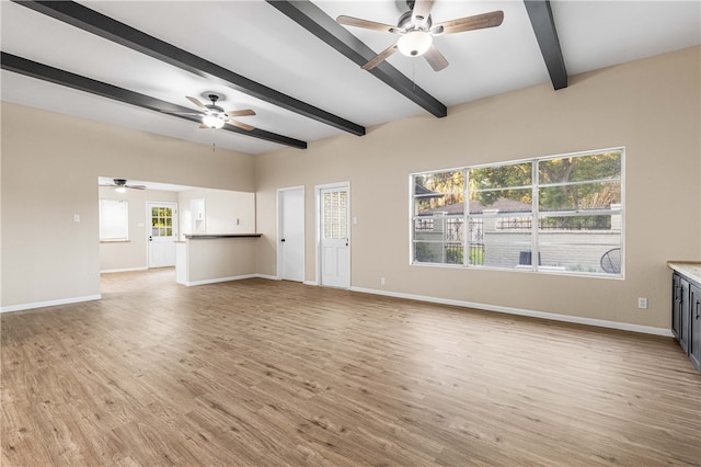 unfurnished living room with light wood-type flooring and beam ceiling