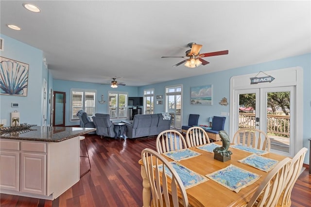 dining area featuring a ceiling fan, dark wood-style floors, and recessed lighting