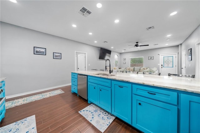 230 Valerie St, Corpus Christi, TX 78418 - kitchen with stainless steel dishwasher, a sink, ceiling fan, recessed lighting, and open floor plan