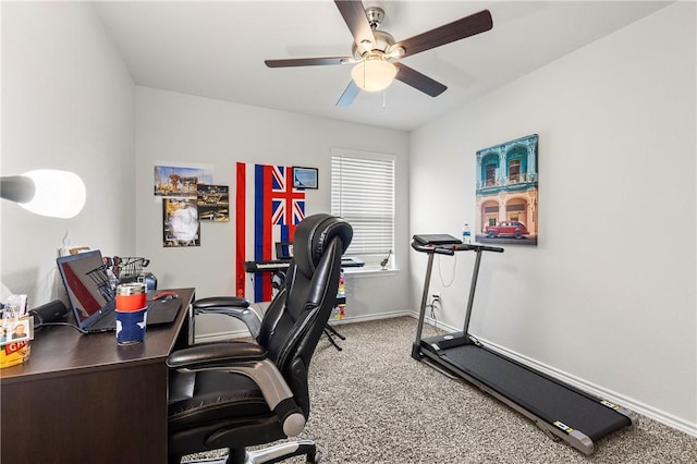 office space with carpet floors and ceiling fan