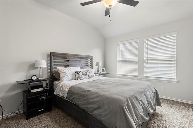 bedroom featuring lofted ceiling, carpet floors, and ceiling fan