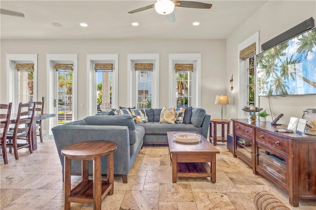 living room featuring ceiling fan