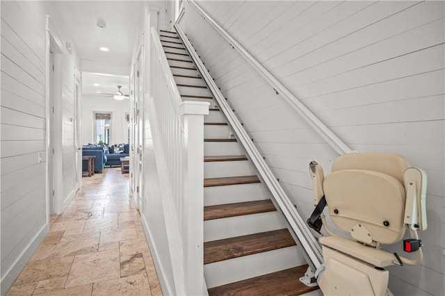 104 Still Water Dr, Port Aransas, TX 78373 - stairway featuring stone tile floors, ceiling fan, recessed lighting, and baseboards