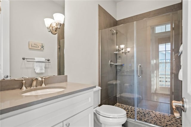 bathroom with a shower with door, vanity, and toilet