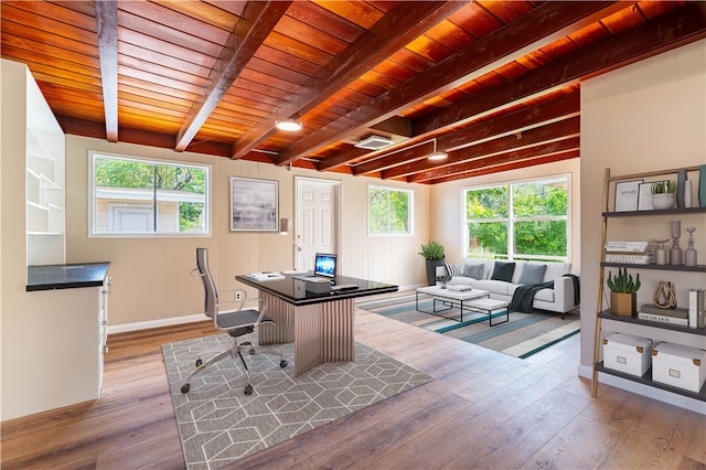 office with wooden ceiling, beamed ceiling, plenty of natural light, and light hardwood / wood-style flooring