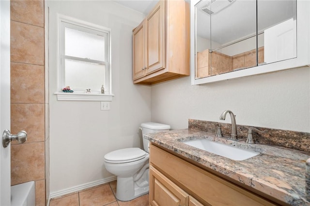 full bathroom featuring vanity, tile patterned floors, toilet, and washtub / shower combination