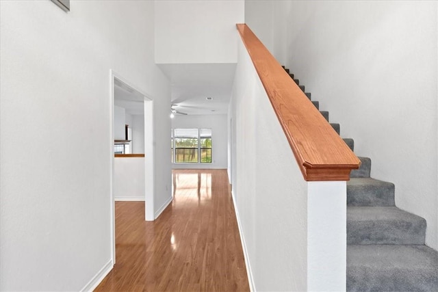 stairway with hardwood / wood-style flooring and ceiling fan