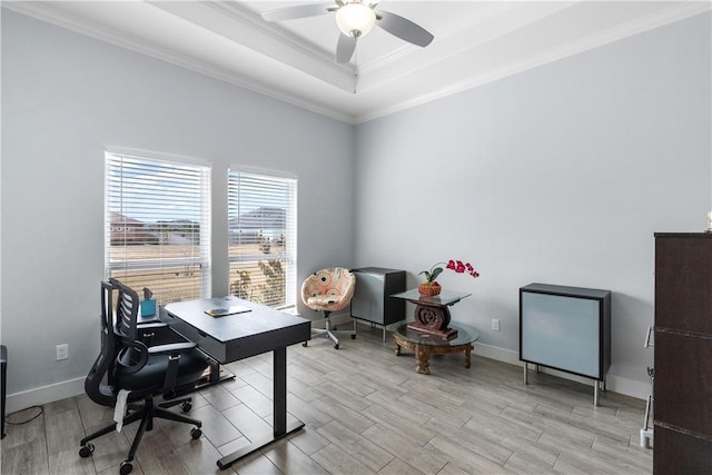 office space featuring crown molding, ceiling fan, a raised ceiling, and light wood-type flooring