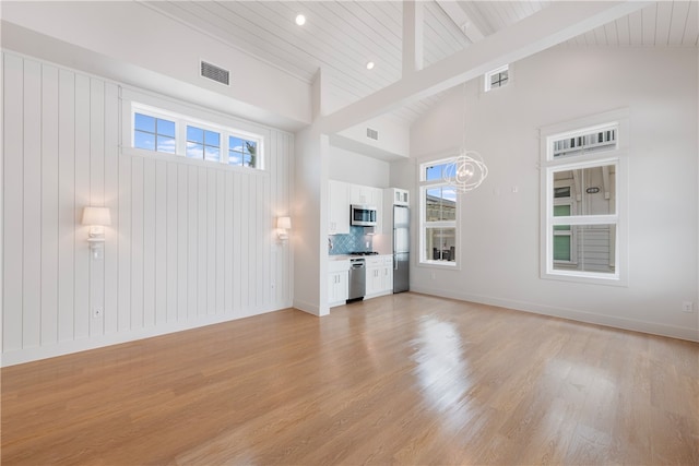 unfurnished living room featuring high vaulted ceiling, light hardwood / wood-style flooring, beamed ceiling, and wood ceiling