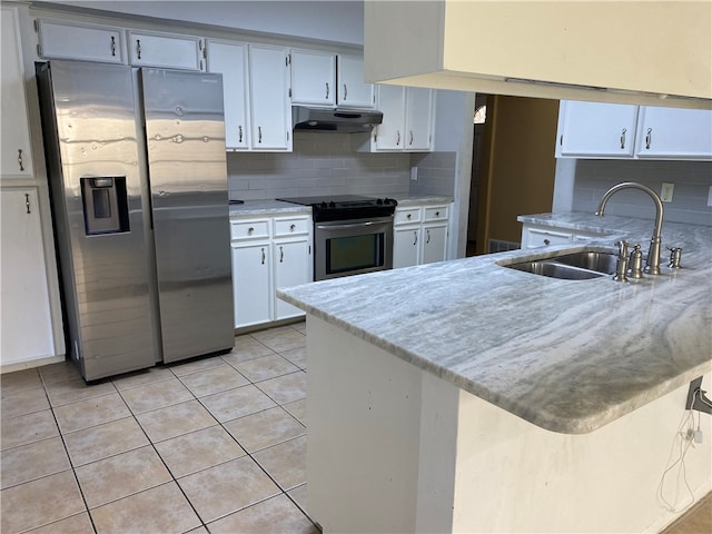 kitchen featuring sink, stainless steel appliances, light tile patterned floors, backsplash, and white cabinets