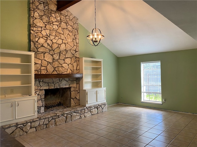 unfurnished living room with beam ceiling, an inviting chandelier, a stone fireplace, high vaulted ceiling, and light tile patterned floors