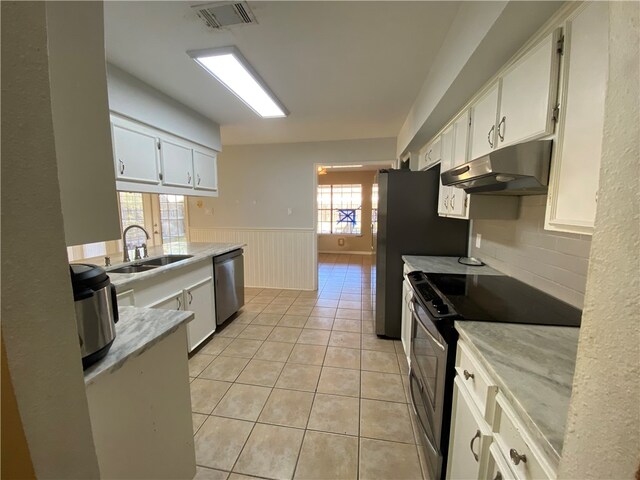 kitchen featuring appliances with stainless steel finishes, backsplash, white cabinetry, and sink