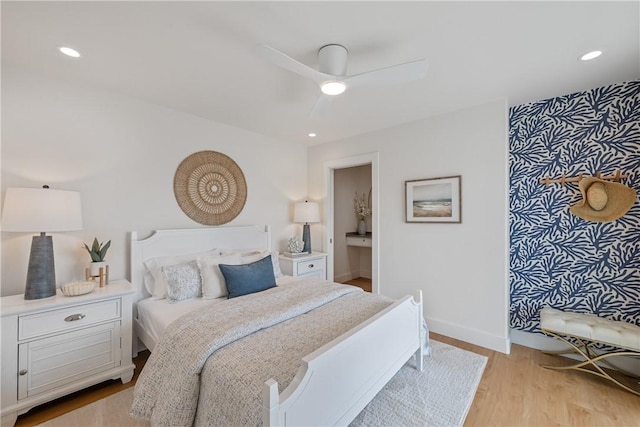 416 E Ave C Ave, Port Aransas, TX 78373 - bedroom with light wood-type flooring, baseboards, recessed lighting, and ceiling fan
