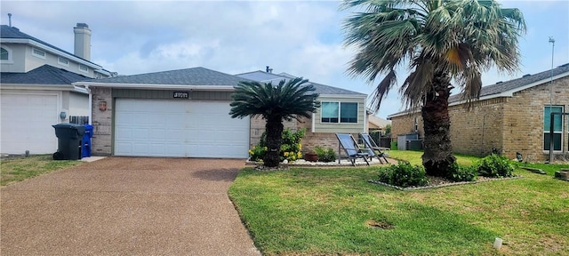 view of front of house featuring driveway, an attached garage, a front yard, and brick siding