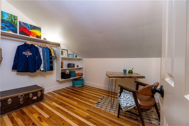 interior space with hardwood / wood-style floors and vaulted ceiling