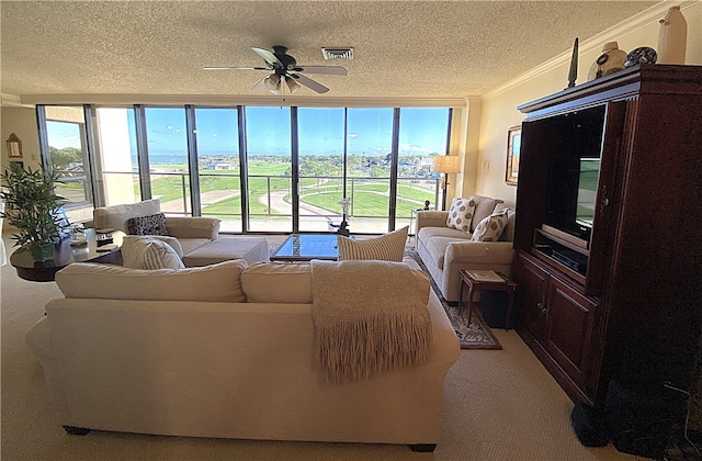 living room with ceiling fan, a healthy amount of sunlight, a textured ceiling, and crown molding