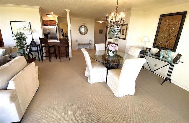 1400 Ocean Dr Unit 503-C, Corpus Christi, TX 78404 - dining space featuring light colored carpet, a chandelier, crown molding, and a textured ceiling