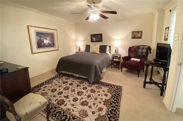 1400 Ocean Dr Unit 503-C, Corpus Christi, TX 78404 - bedroom featuring light colored carpet, crown molding, ceiling fan, and a textured ceiling