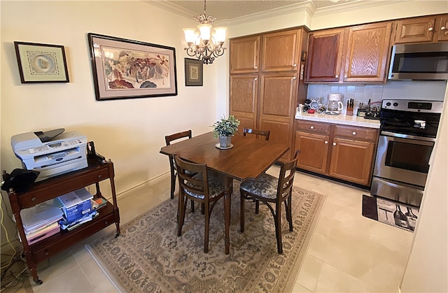 dining room featuring light tile patterned flooring, an inviting chandelier, and ornamental molding