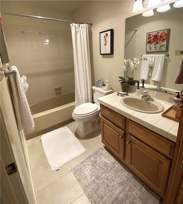 full bathroom with toilet, vanity, tile patterned flooring, and shower / bathtub combination with curtain