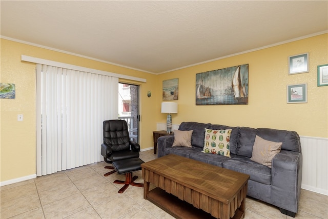 tiled living room with ornamental molding