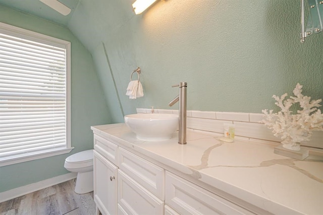 bathroom featuring wood-type flooring, vanity, vaulted ceiling, and a healthy amount of sunlight