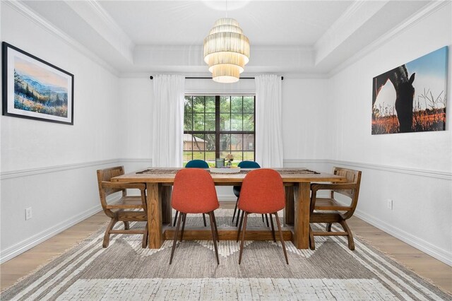 bedroom with baseboards, a raised ceiling, light wood finished floors, and multiple windows