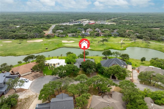 aerial view featuring a water view, a residential view, and view of golf course