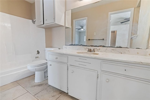 full bathroom with tile patterned flooring, toilet, visible vents, vanity, and  shower combination