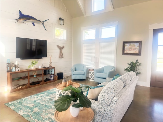 living room with concrete flooring and high vaulted ceiling