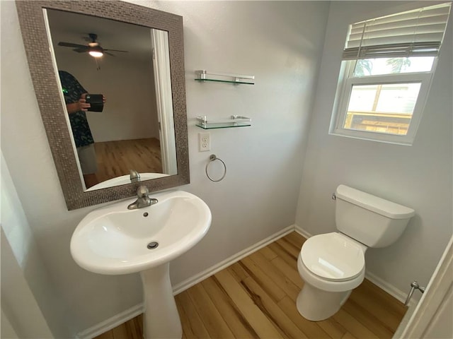 bathroom with baseboards, ceiling fan, wood finished floors, and toilet