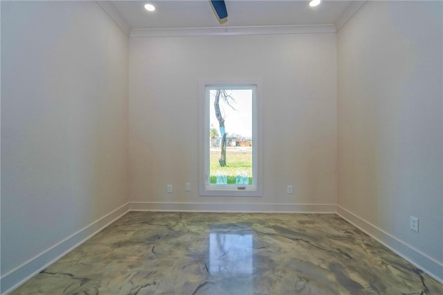 empty room featuring finished concrete flooring, recessed lighting, baseboards, and ornamental molding