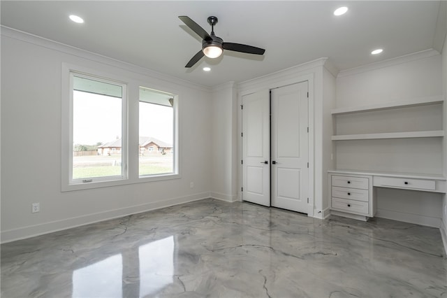 unfurnished bedroom featuring ceiling fan and ornamental molding