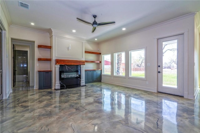 unfurnished living room featuring marble finish floor, visible vents, ornamental molding, and a glass covered fireplace