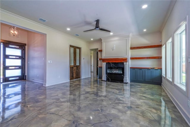 unfurnished living room featuring baseboards, visible vents, crown molding, a fireplace, and recessed lighting