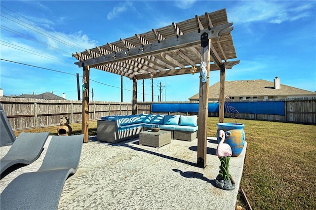 view of patio / terrace with an outdoor living space, a pergola, and a fenced backyard