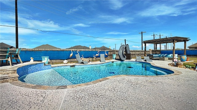 view of swimming pool with a pergola, a patio, a fenced backyard, a water slide, and outdoor lounge area