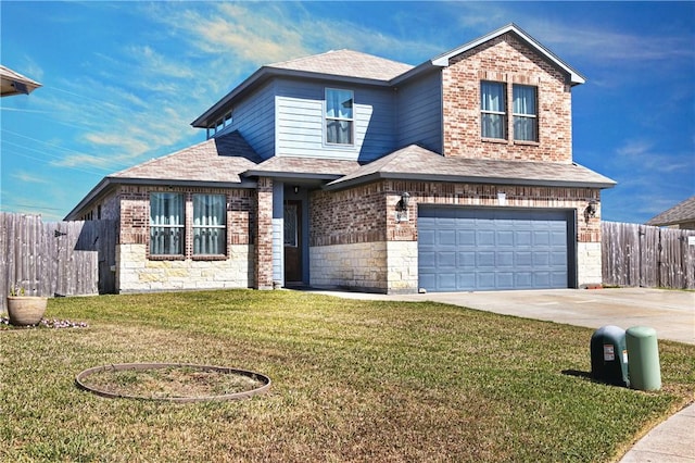 view of front facade with a front lawn, fence, brick siding, and driveway