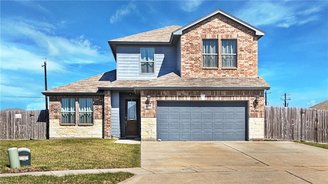 view of front facade featuring concrete driveway, fence, brick siding, and a front lawn