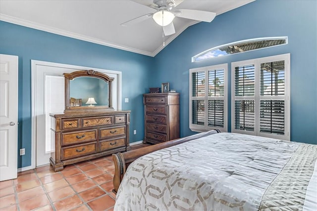 13530 Royal Fifth Ct, Corpus Christi, TX 78418 - tiled bedroom with lofted ceiling, multiple windows, ornamental molding, baseboards, and a ceiling fan