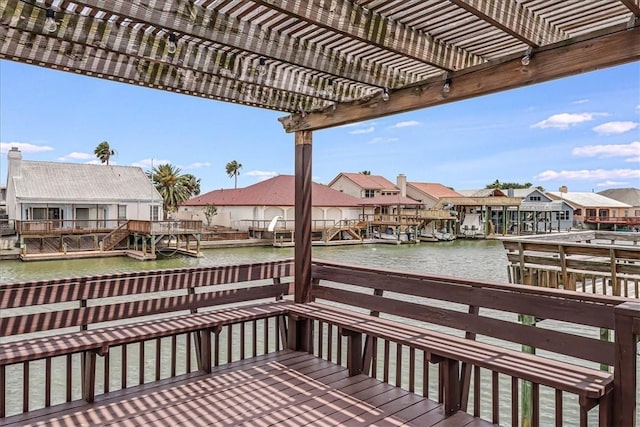 13530 Royal Fifth Ct, Corpus Christi, TX 78418 - wooden deck featuring a water view, a residential view, a pergola, and a boat dock