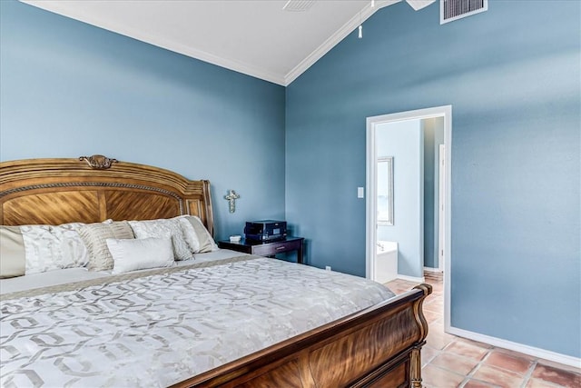 13530 Royal Fifth Ct, Corpus Christi, TX 78418 - bedroom featuring ornamental molding, connected bathroom, light tile patterned floors, high vaulted ceiling, and baseboards
