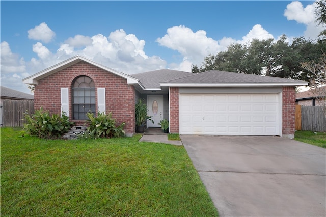 single story home featuring a front yard and a garage