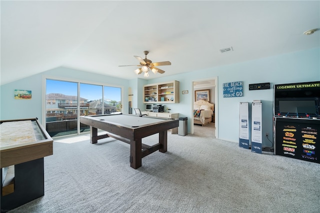 playroom featuring ceiling fan, carpet floors, lofted ceiling, and pool table