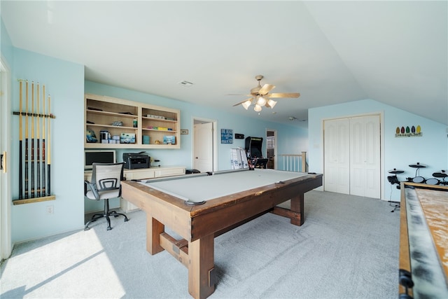 game room with light carpet, vaulted ceiling, ceiling fan, and billiards