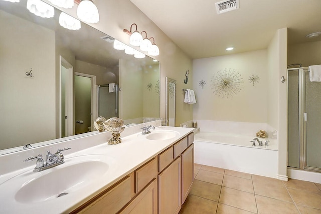 full bathroom featuring tile patterned floors, vanity, toilet, and plus walk in shower