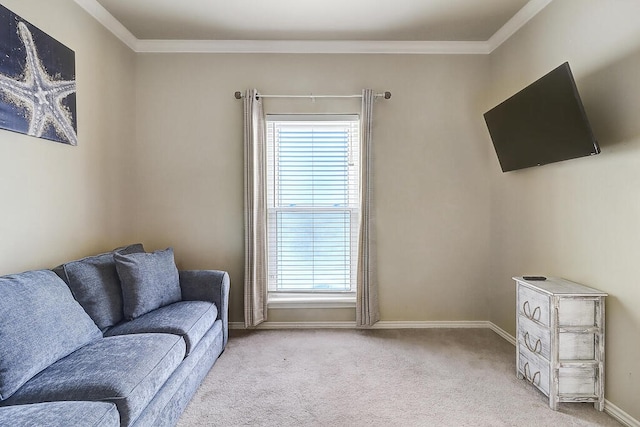 living area with light carpet, a wealth of natural light, and crown molding