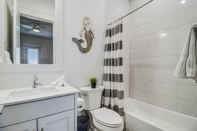 full bathroom with toilet, shower / bathtub combination with curtain, a ceiling fan, and vanity