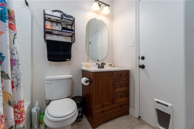 full bathroom with toilet, tile patterned floors, heating unit, shower / bath combination with curtain, and vanity