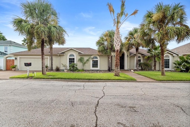 122 Bay Ct, Aransas Pass, TX 78336 - view of front of property featuring stucco siding, an attached garage, a front yard, and concrete driveway
